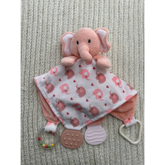 Modern Baby Pink Elephant Lovey Security Blanket Teether Rattle Plush Toy - Picture 7 of 12